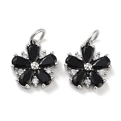 Черный Латунные микро проложить кубического циркония прелести, с целью перехода в кольце, цветок, чёрные, 13x12x3 мм, отверстие : 3 мм