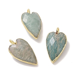 Amazonite Natural Amazonite Pendants, Faceted Heart Charms, with Golden Plated Brass Edge Loops, 22.5x13x7.5mm, Hole: 3mm