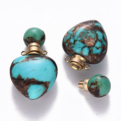 Golden Heart Assembled Natural Bronzite and Synthetic Turquoise Openable Perfume Bottle Pendants, with Brass Findings, Dyed, Golden, Capacity: 1ml(0.03 fl. oz), 37.5~38.5x22x13mm, Hole: 1.8mm