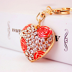 Red Crystal Rose Flower Alloy Heart Car Keychain Women's Bag Accessory Heart-shaped Couple Pendant