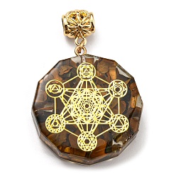 Tiger Eye Natural Tiger Eye European Dangle Polygon Charms, Large Hole Pendant with Golden Plated Alloy Hexagon Slice, 53mm, Hole: 5mm, Pendant: 39x35x11mm