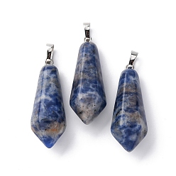 Содалитовое Натуральные содалитовые остроконечные подвески, с латунными петлями с платиновым покрытием, пуля, 35.3~38x13~14 мм, отверстие : 6.5x2.8 мм
