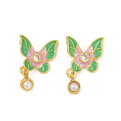 Лайм Подвески из латуни с кубическим цирконием и искусственным жемчугом из АБС-пластика, бабочка, с эмалью, желто-зеленые, 17x12x5 мм, отверстие : 3 мм