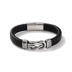 Antique Silver Men's Braided Black PU Leather Cord Bracelets, Knot 304 Stainless Steel Link Bracelets with Magnetic Clasps, Antique Silver, 8-3/4 inch(22.1cm)