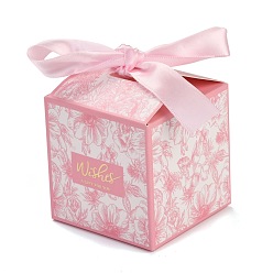 Pink Wedding Theme Folding Gift Boxes, Square with Flower & Word Wishes A GIFT FOR YOU and Ribbon, for Candies Cookies Packaging, Pink, 7x7x8.3cm