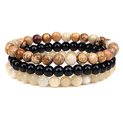 Picture Jasper 3Pcs 3 Style Natural Picture Jasper & Black Agate & Citrine Round Beaded Stretch Bracelets Set, Gemstone Stackable Bracelets for Woman, Wide: 6mm, 7-1/4~7-1/2 inch(18.5~19cm), 1Pc/style