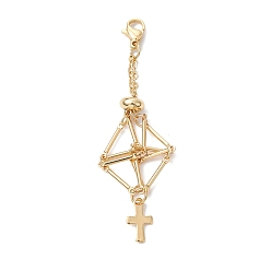 Golden Brass Macrame Pouch Empty Stone Holder Cross Pendant Decoration, with 304 Stainless Steel Clasps, Golden, 70mm
