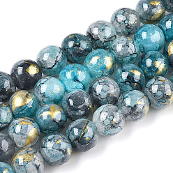 Cielo Azul Hornear pintado hebras de perlas de vidrio craquelado, con polvo de oro, rondo, el cielo azul, 10 mm, agujero: 1.4 mm, sobre 80 unidades / cadena, 30.87 pulgada (78.4 cm)