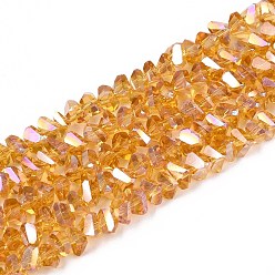 (932FM) Темно-синий аква-матовый с подкладкой Гальванизируйте прозрачное стекло бисер нитей, треугольные, с покрытием AB цвета, граненые, темно-золотистые, 3~3.5x4~4.5x4~4.5 мм, отверстие : 0.8 мм, около 121~131 шт / нитка, 14.37~15.35 дюйм (36.5~39 см)