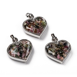 Tourmaline Glass Bottle Pendants, with Natural Tourmaline Chips and Platinum Plated Alloy Findings, Heart, 40x32.5x11mm, Hole: 8x5mm