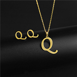 Letter Q Golden Stainless Steel Initial Letter Jewelry Set, Stud Earrings & Pendant Necklaces, Letter Q, No Size