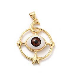 Chocolate Opaque Resin Pendants, with Real 18K Gold Plated Tone Brass Findings, Ring with Horse Eye Charm, Cadmium Free & Nickel Free & Lead Free, Chocolate, 33x26x7mm, Hole: 3x4.3mm