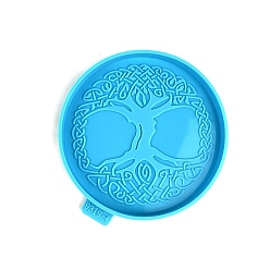 Deep Sky Blue Flat Round with Tree of Life DIY Silicone Cup Mat Molds, Resin Casting Molds, for UV Resin & Epoxy Resin Craft Making, Deep Sky Blue, 104x105mm