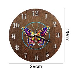 Butterfly DIY Clock Diamond Painting Kits, Including Round Wood Plate, Resin Rhinestones, Diamond Sticky Pen, Tray Plate and Glue Clay, Butterfly Pattern, 290x290mm