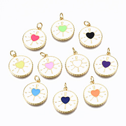 Mixed Color Brass Enamel Pendants, with Jump Rings, Real 16K Gold Plated, Cadmium Free & Nickel Free & Lead Free, Flat Round with Heart, Mixed Color, 19.5x17.5x1.5mm, Jump Ring: 5x0.8mm, 3.4mm Inner Diameter