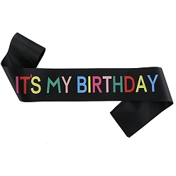 Noir Mot c'est mon anniversaire ceinture en polyester, ceinture d'étiquette d'anniversaire, pour les fournitures de décoration de fête d'anniversaire fille, noir, 1600x95mm
