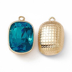 Blue Zircon K9 Glass Pendants, Oval Rectangle Charms, Faceted, with Light Gold Tone Brass Findings, Blue Zircon, 22.5x14.5x10mm, Hole: 1.8mm
