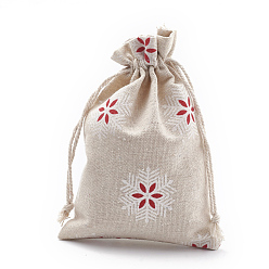 Red Polycotton(Polyester Cotton) Packing Pouches Drawstring Bags, with Printed Snowflake, Red, 18x13cm