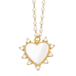 Heart Shell Pendant Necklaces, with 
Brass Micro Pave Cubic Zirconia Finding and Plastic Beads, Heart, 17.72 inch(45cm), Pendant: 23x24mm