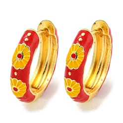 Красный Латунные серьги обруча, с цветочной эмалью, без кадмия и без свинца, долговечный, реальный 18 k позолоченный, красные, 19x4.5 мм