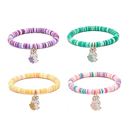 Mixed Color Handmade Polymer Clay Heishi Surfer Stretch Bracelet, Alloy Enamel Rabbit with Carrot Charms Preppy Bracelets for Women, Mixed Color, Inner Diameter: 2 inch(5.2cm)