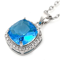 Озёрно--синий Квадратные латунные подвески с кубическим цирконием для женщин, 304 из нержавеющей стали кабель цепи ожерелья, цвет нержавеющей стали, Плут синий, 17.72 дюйм (45 см)