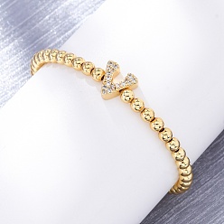 Letter V Латунные круглые бусины эластичные браслеты, Подвеска в виде буквы из латуни с микропаве из прозрачного кубического циркония для женщин, без свинца и без кадмия, стойки покрытие, реальный 18 k позолоченный, Буква V, внутренний диаметр: 2~2-1/8 дюйм (5~5.5 см)