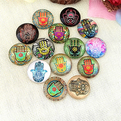 Mixed Color Glass Cabochon, Half Round/Dome with Hamsa Hand/Hand of Miriam Pattern, Mixed Color, 25mm