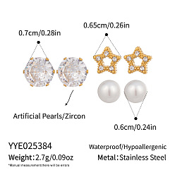 Прозрачный 3 пары 304 комплекты сережек из нержавеющей стали, звезда и плоский круглый, с кубического циркония, золотые, прозрачные, 6~7 мм