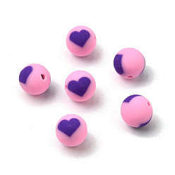Бледно-Розовый Бусины из полимерной глины , круглые с сердца шаблона, розовый жемчуг, 10 мм, отверстие : 1.5 мм