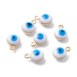 Белый Латунь прелести, с двусторонней эмалью, долговечный, реальный 18 k позолоченный, плоский круглый с оберегами от сглаза, белые, 9x6.5x4 мм, отверстие : 1.2 мм