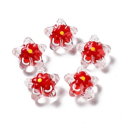 Crimson Handmade Lampwork Beads, with Enamel, Star with Flower, Crimson, 20~20.5x21~21.5x11.5~12mm, Hole: 1.6mm