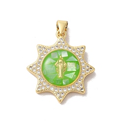 Лайм Стойки обшивки латунь кубического циркония подвески, с эмалью и ракушкой, долговечный, без свинца и без кадмия, реальный 18 k позолоченный, солнце с девой марией, желто-зеленые, 25x22x5 мм, отверстие : 4x5 мм
