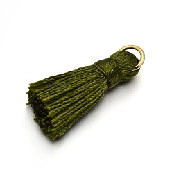 Dark Olive Green Nylon Tassel Pendant Decorations, with Golden Tone Iron Findings, Dark Olive Green, 27~30x15mm, Jump Ring: 4mm, Hole: 4x2mm, 10pcs/bag