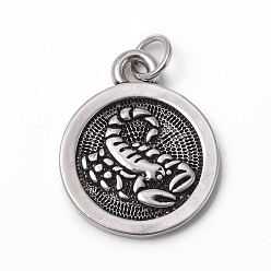 Scorpio Brass Pendants, with Jump Rings, Long-Lasting Plated, Flat Round with 12 Constellation/Zodiac Sign, Antique Silver, Scorpio, 18.5x15x2mm, Jump Ring: 5x0.7mm, Inner Diameter: 3.6mm