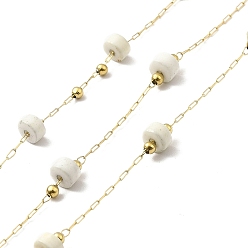 Howlite Ion Plating(IP) 316 Surgical Stainless Steel Paperclip Chains, with Natural Howlite Column Beads, Soldered, Real 18K Gold Plated, with Spool, Link: 2.5x1x0.3mm