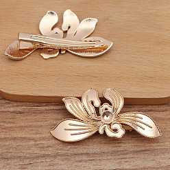 Light Gold Alloy Alligator Hair Clips Findings, Round Bead & Enamel Settings, with Iron Clips, Orchid Flower, Light Gold, 55x29mm, Fit for 5mm Beads