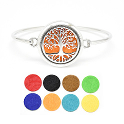 Random Single Color or Random Mixed Color Brass Diffuser Locket Bangles, with Alloy Findings, 304 Stainless Steel Findings and Random Single Color Non-Woven Fabric Cabochons Inside, Magnetic, Flat Round with Tree of Life, Random Single Color, 2-3/8 inch(60mm)