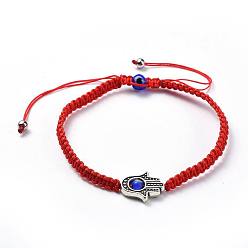 Red Adjustable Nylon Thread Braided Bead Bracelets, with Handmade Lampwork Evil Eye Beads, Tibetan Style Alloy Bead Frames and 304 Stainless Steel Beads, Hamsa Hand/Hand of Fatima/Hand of Miriam, Red, 2-1/4 inch~3-1/2 inch(5.8~8.8cm), 4mm