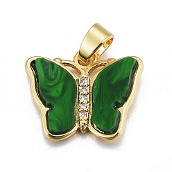 Зеленый Подвески из смолы, с золотистым латунным микропаве, фурнитура из фианита, бабочка, зелёные, 14x17.5x3 мм, отверстие : 3.5x5.5 мм