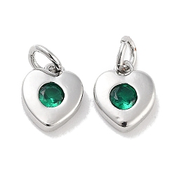 Зеленый Латунные микро проложить кубического циркония прелести, с целью перехода в кольце, сердце, платина, зелёные, 8x6.5x2.5 мм, отверстие : 2.5 мм