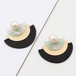 black Chic Resin Half Circle Wood Copper Pearl Inlay Earrings Studs for Fashionable and Personal Style