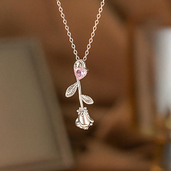 Pink Подвеска в виде розы из латуни с прозрачными кубическими циркониями ко Дню святого Валентина 304 Цепочка из нержавеющей стали для женщин, платины и нержавеющая сталь цвет, розовые, 15.75 дюйм (40 см)