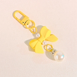Yellow Macaron Color Plastic Bowknot and Round Pendant Keychain, with Clasp, Yellow, 90mm