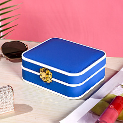 Blue Imitation Leather Jewelry Storage Box, Compact Ring Earring Accessories Case, White Edged Portable Travel Jewelry Box, Rectangle, Blue, 13.5x11.5x5.2cm