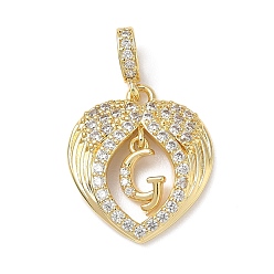 Letter G Латунные микропаве прозрачные подвески с фианитом, крыло с буквенными подвесками, без свинца и без кадмия, долговечный, стойки покрытие, реальный 18 k позолоченный, Буква G, 20.5x18x3.5 мм, отверстие : 4.5x3.5 мм