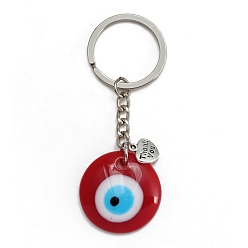 FireBrick Alloy Keychains, with Plastic Flat Round Evil Eye Pendants, FireBrick, 8.5x3cm