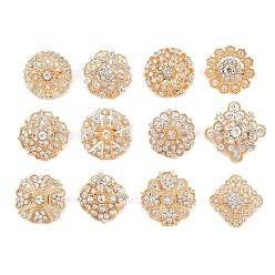 Золотой 12шт изысканная брошь со стразами, Плоская круглая, ромбовидная и цветочная брошь из сплава со стразами для свадебного торжества, золотые, золотые, 23~30x24~30 мм, о 12 шт / комплект
