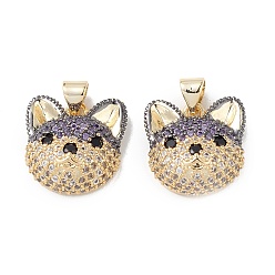 Lilac Brass Micro Pave Cubic Zirconia Pendants, Real 16K Gold Plated, Dog Charms, Lilac, 16.5x16x7.5mm, Hole: 5x3mm