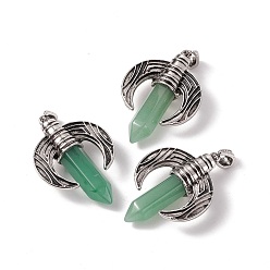 Green Aventurine Natural Green Aventurine Pendants, with Antique Silver Tone Alloy Ox Horn Findings, Cadmium Free & Lead Free, Faceted Bullet Charm, 49x36x15mm, Hole: 4x8mm